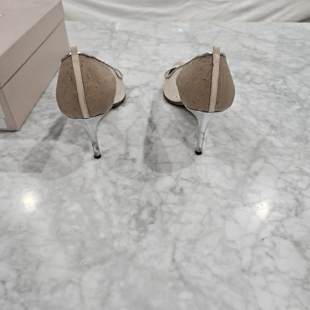 SJP Sarah Jessica Parker Nude Mesh‎ Crystal Mid Height Pointed Heels size 40